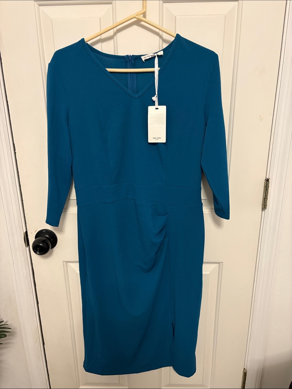 Grace Karin Teal Midi Sheath Dress with V-Neck